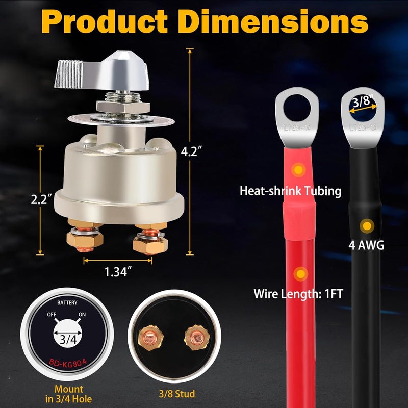FEITON 12-48V 200A Master Battery Disconnect Switch & 4 AWG 1FT Battery Cables Set, High Current Battery Power Cutoff Killer Switch for Car Vehicle RV Truck Boat Marine ATV On/Off Battery Isolator Switch - Image 5